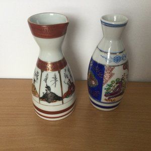 Two vintage Japanese porcelain sake bottle small vase signed beautiful